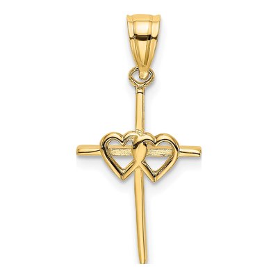 10K Yellow Gold Double Hearts Cross Pendant