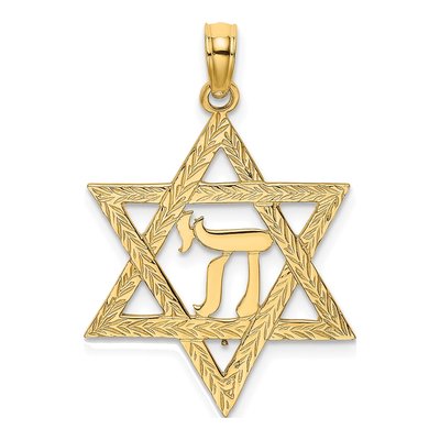 10K Yellow Gold Star of David Chai Pendant
