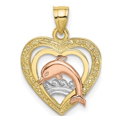 10K Two-Tone Gold Dolphin Heart Charm