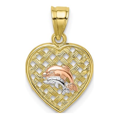 10K Two-Tone Gold Dolphins Woven Heart Charm