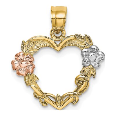 10K Two-Tone Gold Flower Heart Pendant