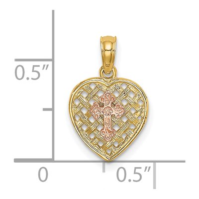 10K Two-Tone Gold Cross on Woven Heart Charm – view 3