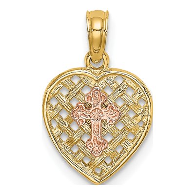 10K Two-Tone Gold Cross on Woven Heart Charm