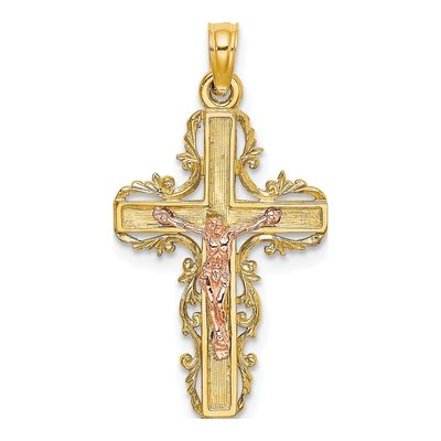 10K Two-Tone Gold Lace Trim Crucifix Charm
