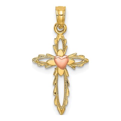 10K Two-Tone Gold Cross Heart Pendant