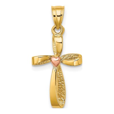 10K Two-Tone Gold Twisted Cross Heart Pendant