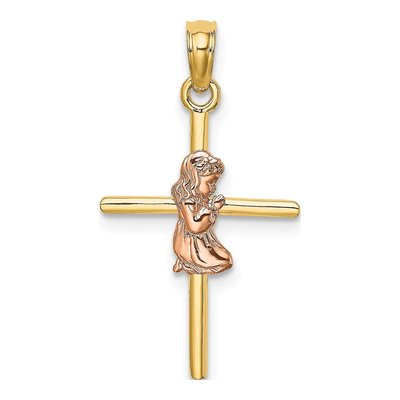 10K Two-Tone Gold Girl on Cross Pendant