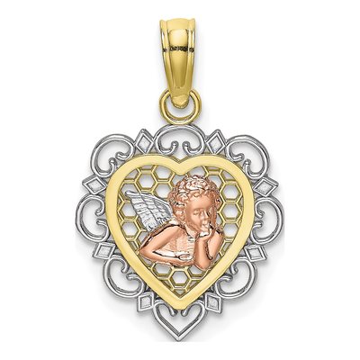 10K Two-Tone Gold Angel Scalloped Heart Charm