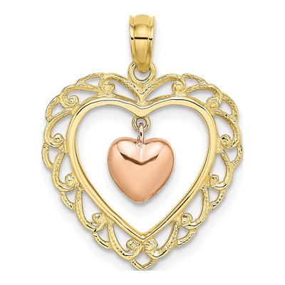 10K Two-Tone Gold Dangling Heart Charm