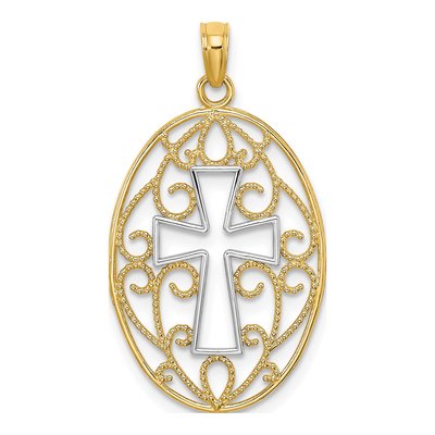 10K Yellow Gold Filigree Cross Oval Charm