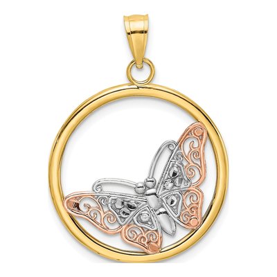 10K Two-Tone Gold Butterfly Circle Pendant