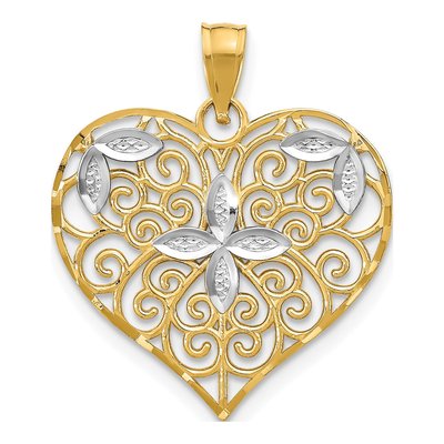 10K Yellow Gold Filigree Flower Heart Charm