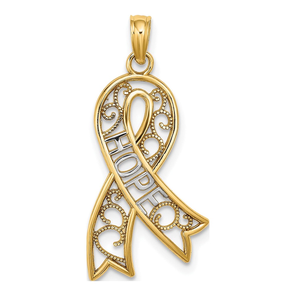 10K Yellow Gold HOPE Filigree Awareness Ribbon Charm