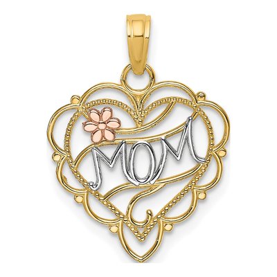 10K Two-Tone Gold MOM Heart Flower Pendant