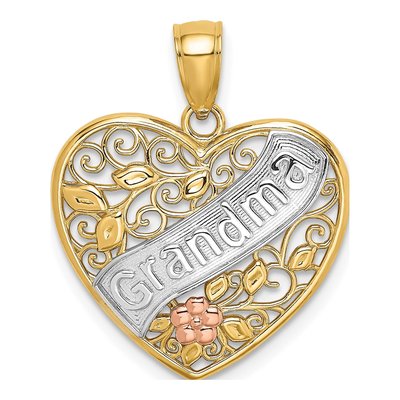 10K Two-Tone Gold Grandma Filigree Heart Charm