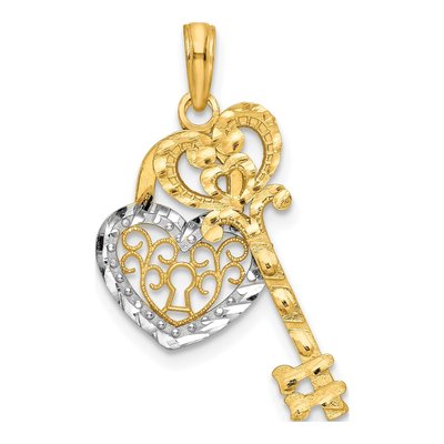 10K Yellow Gold Filigree Heart Lock Key Pendant