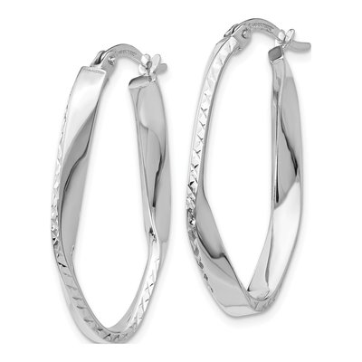 10K White Gold Diamond-Cut Oval Hoop Earrings – view 3
