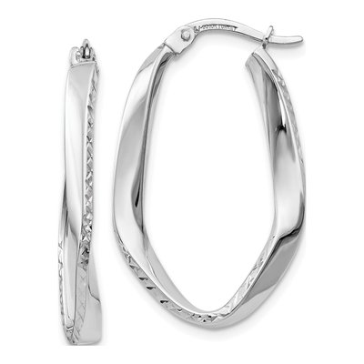 10K White Gold Diamond-Cut Oval Hoop Earrings