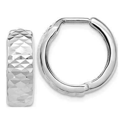 10K White Gold 14mm Diamond-Cut Huggie Hoop Earrings