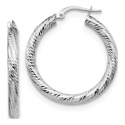 10K White Gold 28mm Diamond-Cut Round Hoop Earrings