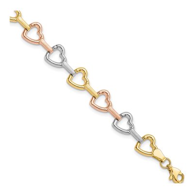 10K Tri-Color Gold Heart Link Bracelet