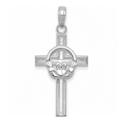 10K White Gold Claddagh Cross Pendant