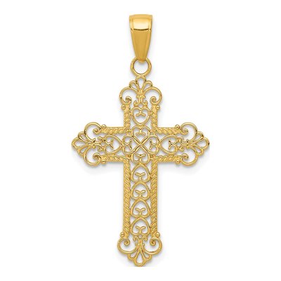10K Yellow Gold Filigree Fleur de Lis Cross Charm