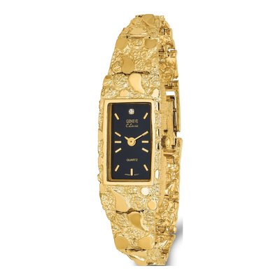 10K Gold Nugget Watch, Black Rectangular Dial