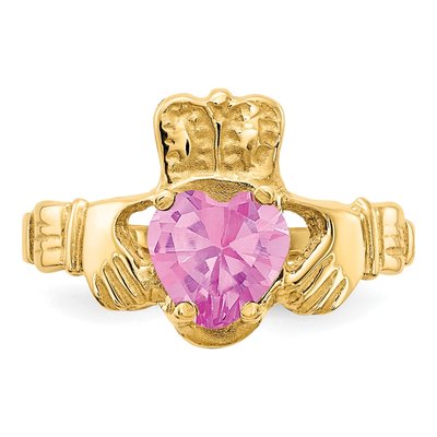10K Yellow Gold Pink Birthstone Claddagh Ring – view 6