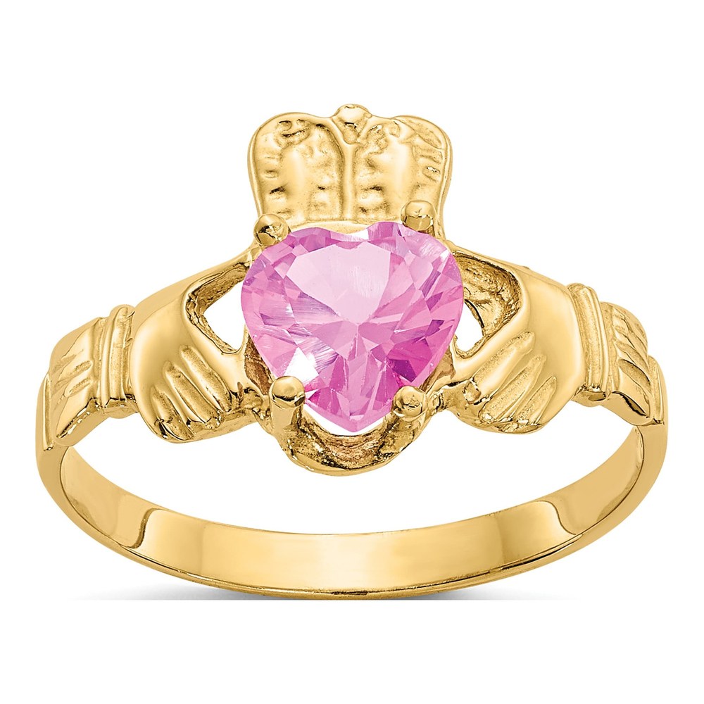 10K Yellow Gold Pink Birthstone Claddagh Ring