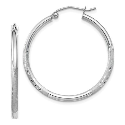 10K White Gold 30mm Diamond-Cut Round Hoop Earrings