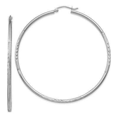10K White Gold 60mm Diamond-Cut Round Hoop Earrings