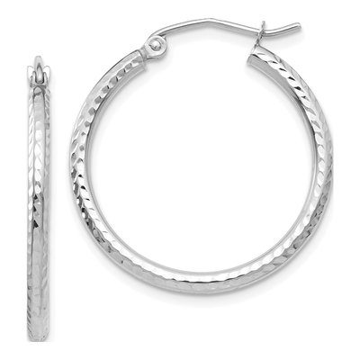 10K White Gold 25mm Diamond-Cut Round Tube Hoop Earrings