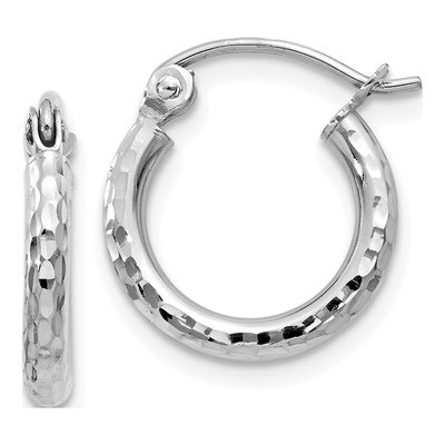 10K White Gold 13mm Diamond-Cut Round Tube Hoop Earrings