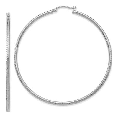 10K White Gold 60mm Diamond-Cut Round Tube Hoop Earrings