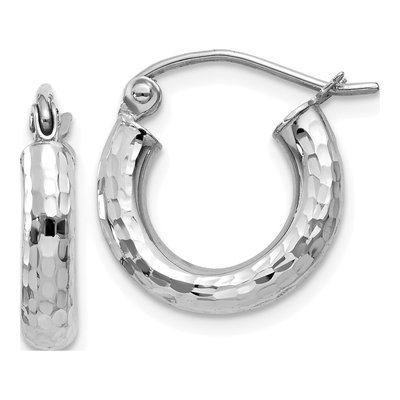 10K White Gold 13mm Diamond-Cut Round Hoop Earrings
