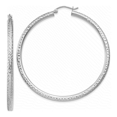 10K White Gold 55mm Diamond-Cut Hoop Earrings