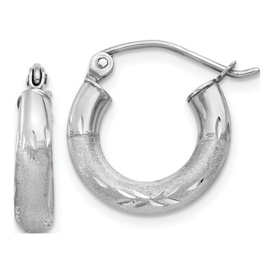 10K White Gold 9mm Diamond-Cut Round Hoop Earrings