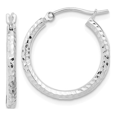 10K White Gold 20mm Diamond-Cut Round Tube Hoop Earrings