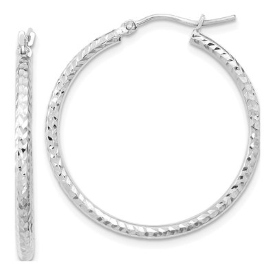 10K White Gold 30mm Diamond-Cut Round Tube Hoop Earrings