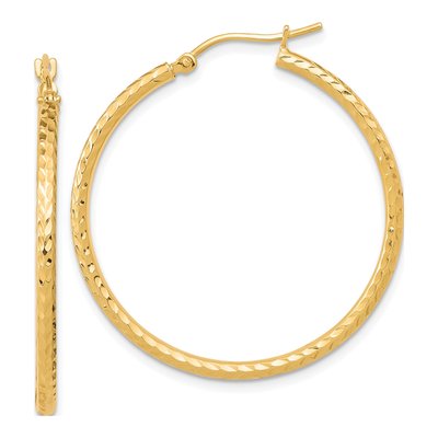 10K Yellow Gold 35mm Diamond-Cut Round Tube Hoop Earrings