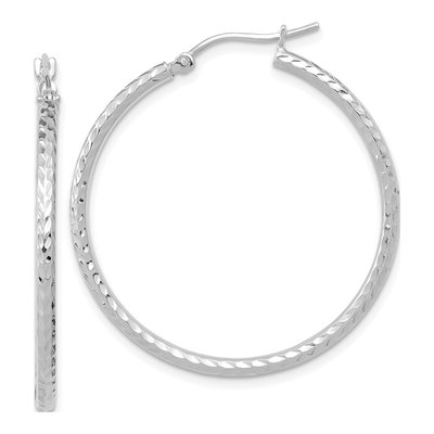 10K White Gold 35mm Diamond-Cut Round Tube Hoop Earrings