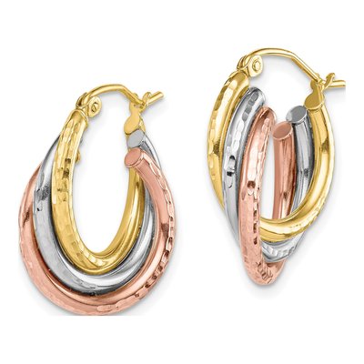 10K Tri-Color Gold Diamond-Cut Triple Hoop Earrings – view 3