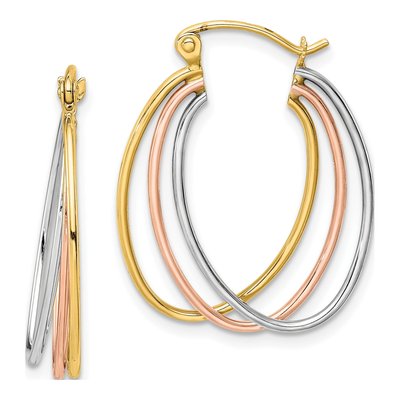 10K Tri-Color Gold Oval Triple Hoop Earrings