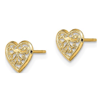 10K Yellow Gold Filigree Heart Stud Earrings – view 3