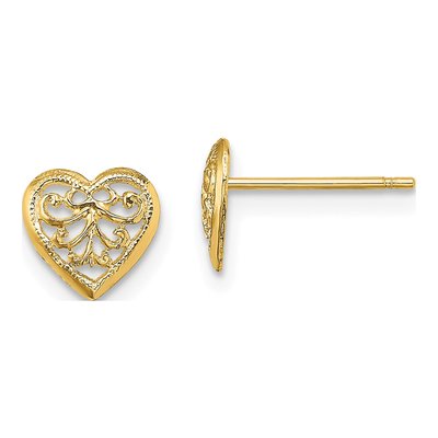 10K Yellow Gold Filigree Heart Stud Earrings