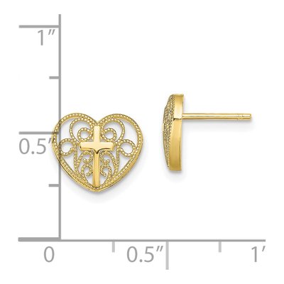 10K Yellow Gold Filigree Heart Cross Stud Earrings – view 4