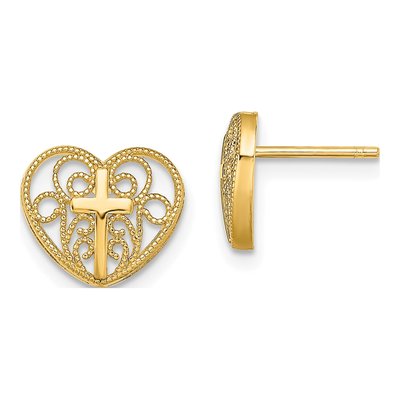 10K Yellow Gold Filigree Heart Cross Stud Earrings