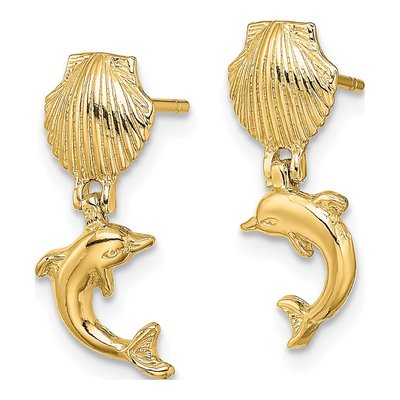 10K Yellow Gold Dolphin Scallop Shell Dangle Earrings – view 3