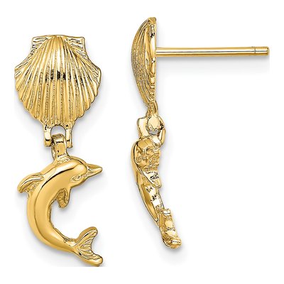10K Yellow Gold Dolphin Scallop Shell Dangle Earrings